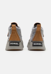Grå sneakers med ovandel i ull och mocka, bruna accenter och en ribbad grå sula. "SOREL"-logotypen synlig på baksidan. Dragflikar för enkel påtagning.