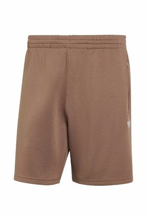 Hnědé elastické šortky s bočním zipovým kapsou a malým bílým logem Adidas na pravé noze.