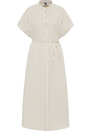 Striped dress in cream and navy, featuring a button-down front, short sleeves, tie waist, and a mid-length design. Made of lightweight fabric.