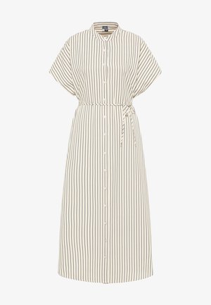 Striped dress in cream and navy, featuring a button-down front, short sleeves, tie waist, and a mid-length design. Made of lightweight fabric.