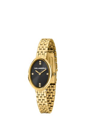 Orologio con bracciale a maglie dorato, quadrante ovale nero, quattro indici delle ore in cristallo, lancette dorate e logo Karl Lagerfeld sul quadrante.