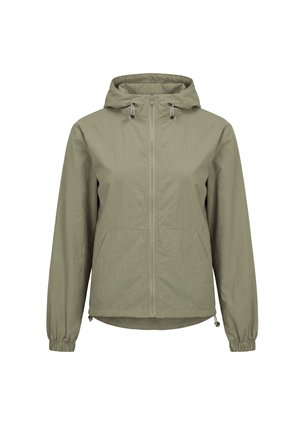 Veste à capuche vert clair avec fermeture éclair à l'avant, poignets élastiques, cordons à la capuche et à l'ourlet, et deux poches avant.
