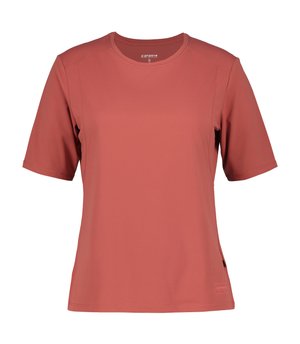 Krótki rękaw, sportowa koszulka w kolorze terakoty z okrągłym dekoltem, widocznymi szwami i małym logo blisko dołu.