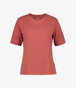 T-shirt de sport terracotta à manches courtes et col rond avec des détails de coutures visibles et un petit logo près de l'ourlet.
