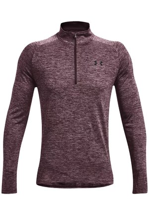 Sudadera deportiva burdeos jaspeado para hombre, de manga larga, con cremallera hasta el pecho y pequeño logo negro de Under Armour en el lado izquierdo del pecho.