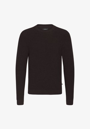 Sötétbarna pulóver, kerek nyakkivágással, bordázott textúrával és hosszú ujjal; az oldalán egy kis márkajelzés található.