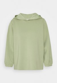 Felpa verde chiaro con una texture morbida, maniche lunghe con polsini elastici e vestibilità comoda. Cappuccio semplice, senza dettagli aggiuntivi.