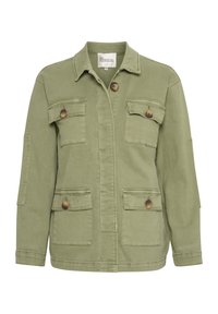 Light green buttoned jacket with four flap pockets and long sleeves, labeled "My Essential Wardrobe," size 38.