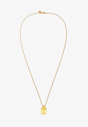 Collier en or avec une fine chaîne délicate et un pendentif rectangulaire gravé d'un palmier.