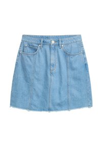 Lichtblauwe denimrok met een aansluitende taille, vier zakken, een onafgebroken zoom en opvallende naaddetails. Gemaakt van katoen.