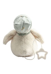 Soft plush rabbit in cream with fluffy texture. It has a mint green hat with colorful dots and a decorative star-shaped pacifier attached.