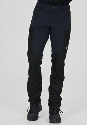 Pantalons d'extérieur noirs en tissu léger, avec des sections de genoux renforcées, plusieurs poches et des poignets élastiques pour un ajustement sécurisé.