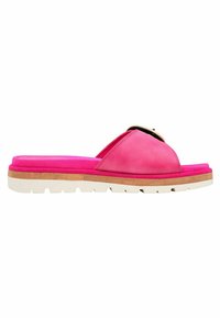 Roze suède slipper sandaal met een brede band, een gevoerd voetbed en een witte rubberen zool met textuuraccenten.
