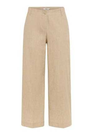 Beige wide-leg trousers with subtle vertical pinstripes, button closure, and front pockets.