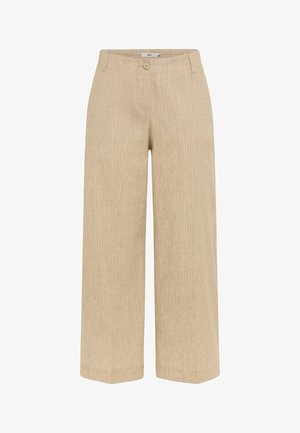 Beige wide-leg trousers with subtle vertical pinstripes, button closure, and front pockets.