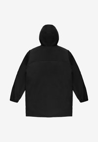 Czarna kurtka z kapturem o prostym kroju, wyposażona w długie rękawy i elastyczne mankiety, zaprojektowana z myślą o trwałości i ciepłe. Widok z tyłu.