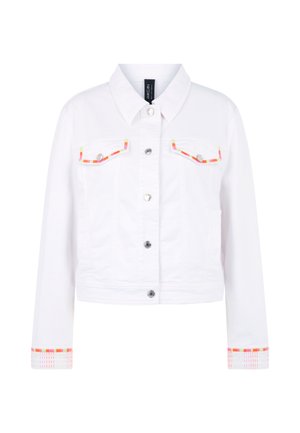 White button-up denim jacket with long sleeves, chest pockets, and colorful striped trim on pockets and cuffs.