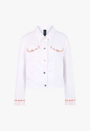 White button-up denim jacket with long sleeves, chest pockets, and colorful striped trim on pockets and cuffs.