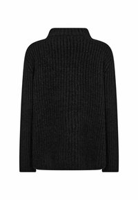 Maglione nero lavorato a maglia con una vestibilità comoda, caratterizzato da un colletto alto, maniche lunghe e un motivo a coste testurizzato sulla schiena.