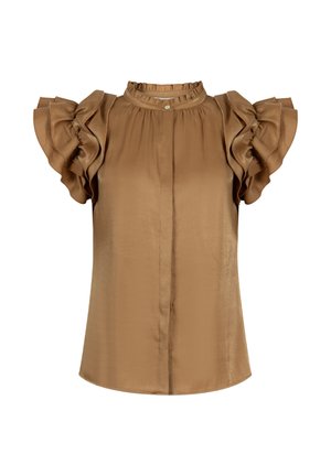 Bruine satijnen blouse met gerimpelde korte mouwen en een kleine knoop bij de geplooide ronde halslijn, met een voorsplit detail.