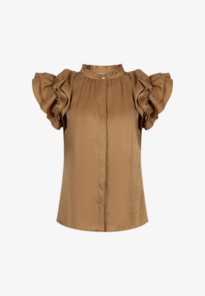 Bruine satijnen blouse met gerimpelde korte mouwen en een kleine knoop bij de geplooide ronde halslijn, met een voorsplit detail.