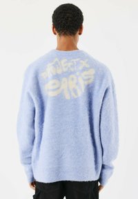 Lichtblauwe fluffy trui met een ronde hals en verlaagde schouders; grote crèmekleurige letters op de achterkant lezen "PROJECT PARIS."