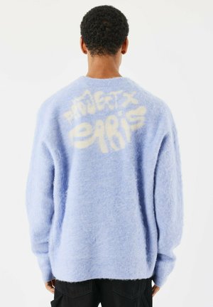 Pull en laine moelleux bleu clair avec un col rond et des épaules tombantes ; une grande inscription crème au dos indique "PROJECT PARIS."