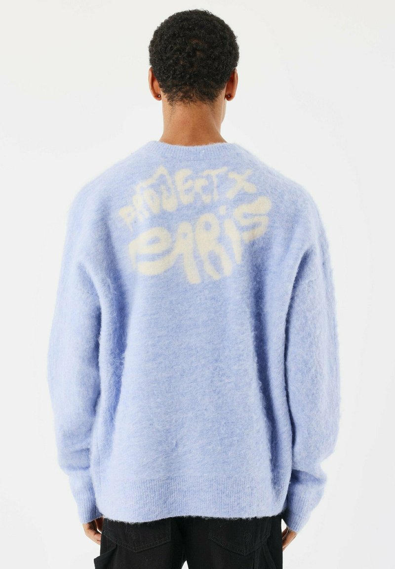 Lichtblauwe fluffy trui met een ronde hals en verlaagde schouders; grote crèmekleurige letters op de achterkant lezen "PROJECT PARIS."