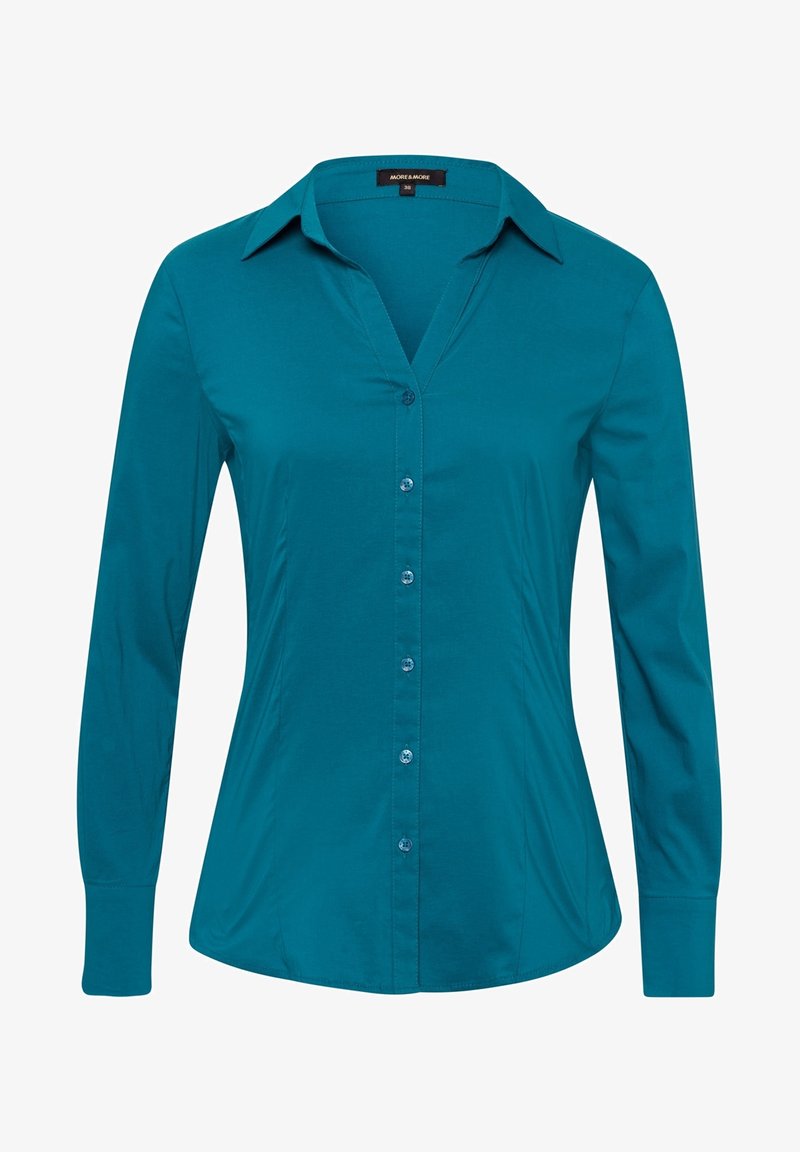 Chemise à manches longues couleur sarcelle avec boutons, col et taille cintrée, conçue pour femmes, taille 36, présentée sur fond blanc.