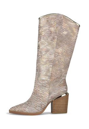 Hoher Damen-Cowboystiefel mit strukturiertem beige-goldenem Muster, spitz zulaufender Spitze und gestapeltem Holzblockabsatz.