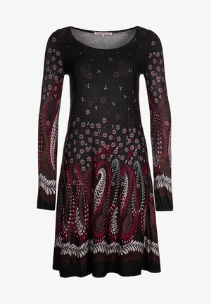 Vestido negro de manga larga con cuello redondo, decorado con patrones florales y paisley en rojo, blanco y marrón.