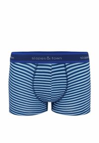 Bokserki w niebieskie paski z jednolitą, niebieską gumką w talii, na której widnieje nazwa marki "slopes & town" w szarym kolorze, wykonane z miękkiego materiału.