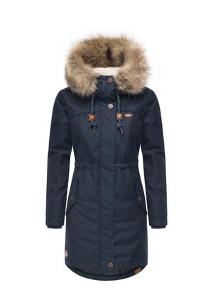 Navy blue parka with a faux fur hood, drawstrings, two front pockets, and brown toggle accents. Smooth texture, knee-length design.