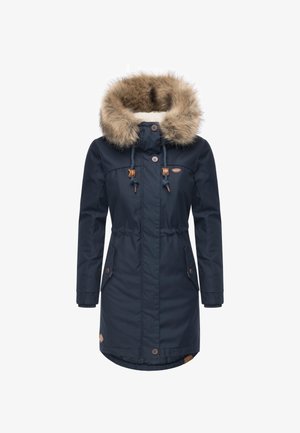 Navy blue parka with a faux fur hood, drawstrings, two front pockets, and brown toggle accents. Smooth texture, knee-length design.