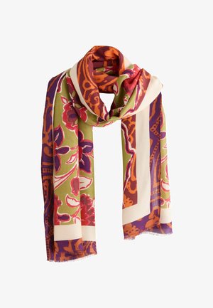 Multifarvet tørklæde med blomster- og geometriske mønstre. Fremstillet af letvægtsstof, det har en glat struktur og frynsekant.