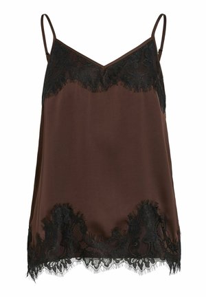 Ruskeasta satiinista valmistettu cami-toppi, jossa mustat pitsikoristeet pääntiellä ja helmassa, säädettävät olkaimet ja V-pääntie.