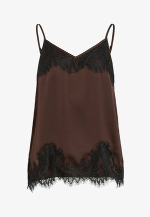 Top tipo camisolín en satén marrón con ribete de encaje negro a lo largo del escote y el dobladillo, con tirantes ajustables y diseño de escote en V.