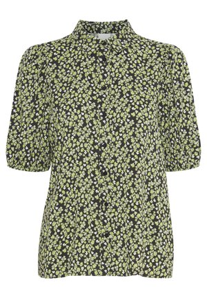 Camicia nera con bottoni e maniche a sbuffo, caratterizzata da un motivo floreale in verde e bianco. Realizzata in tessuto leggero, con una texture morbida.