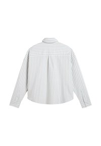 Camicia a righe in azzurro chiaro e bianco con sottili righe rosa. Presenta un colletto, maniche lunghe e polsini con bottoni. Vista posteriore mostrata.