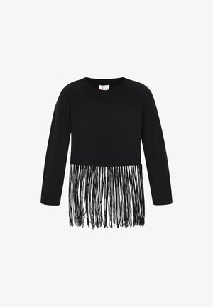 Schwarzer Strickpullover mit rundem Halsausschnitt und langen Ärmeln, verziert mit langen schwarzen Fransen am unteren Saum für Textur und Detail.