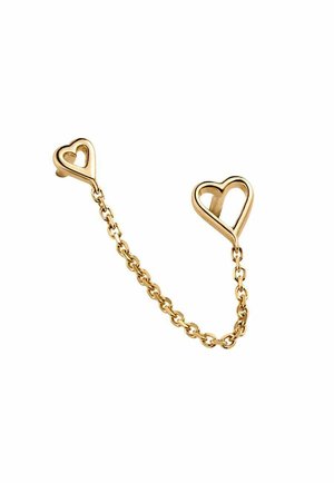 Cadena de oro con dos acentos entrelazados en forma de corazón, textura suave y acabado brillante. Líneas limpias con un diseño delicado.