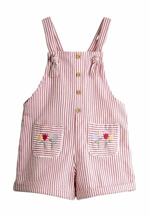 Piros-fehér csíkos bébi nadrág, elöl gombos, vállpántjai megkötött stílusúak, az elején pedig hímzett, sokszínű virágok díszítik a zsebeket.