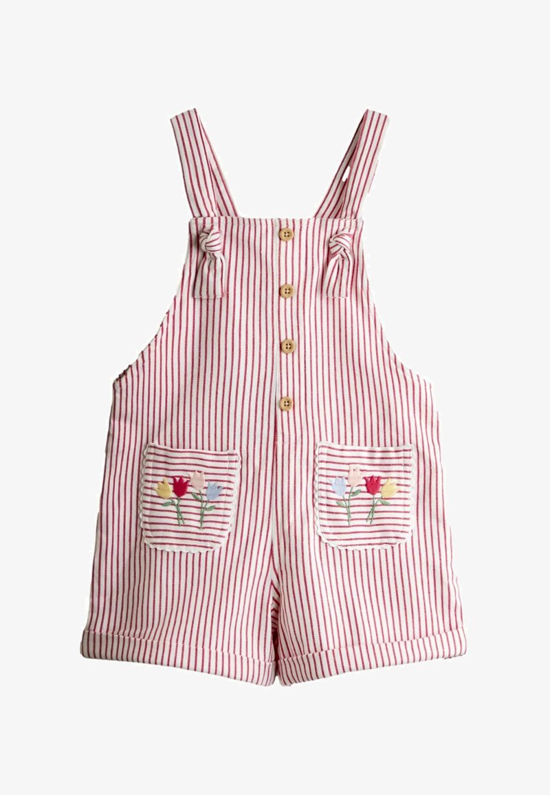 Sarkanas un baltas strīpainas mazuļa kombinezons ar pogām priekšpusē, uzpleča siksnām ar mezgliem un priekšējām kabatām, kas dekorētas ar izšūtām daudzkrāsainām puķēm.