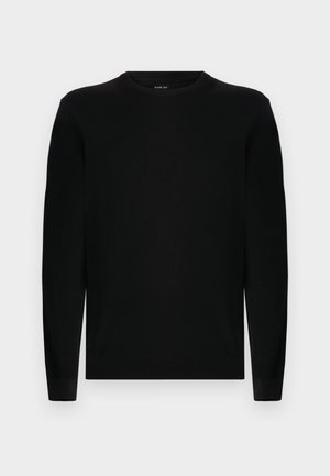 Czarny sweter z dzianiny. Posiada okrągły dekold, długie rękawy oraz ściągacze przy mankietach i u dołu. Minimalistyczny design, brak widocznych logotypów.