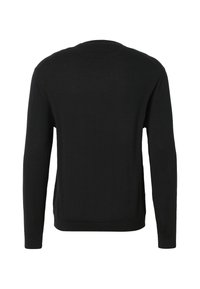 Pull noir uni à manches longues, col rond, vu de dos, avec un ourlet droit et un design simple.