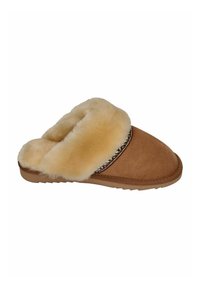 Suede slipper in tan with a fluffy beige fur lining and decorative stitching along the edge. Features a textured rubber sole for grip.