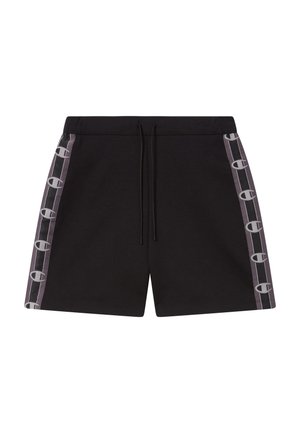 Zwarte sportshorts met een elastische tailleband, trekkoord en grafische logo-accenten in grijs en paars langs de zijnaad.