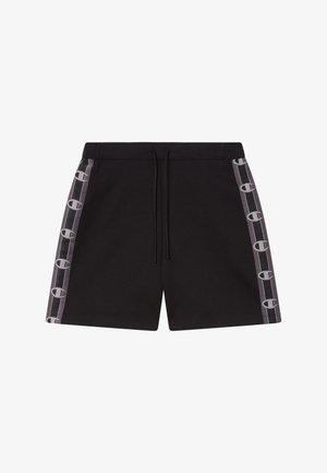 Pantalones cortos deportivos negros con cintura elástica, cordón ajustable y detalles gráficos en gris y púrpura a lo largo de las costuras laterales.