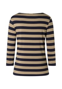 Langärmliges Oberteil aus weichem Material, mit horizontalen Streifen in Navyblau und Beigefarben. Der Ausschnitt ist weit und die Passform ist entspannt.