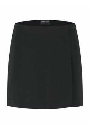 Zwarte rechte minirok met zijrits, gladde stof en "Lady Day Amsterdam" label aan de taille.